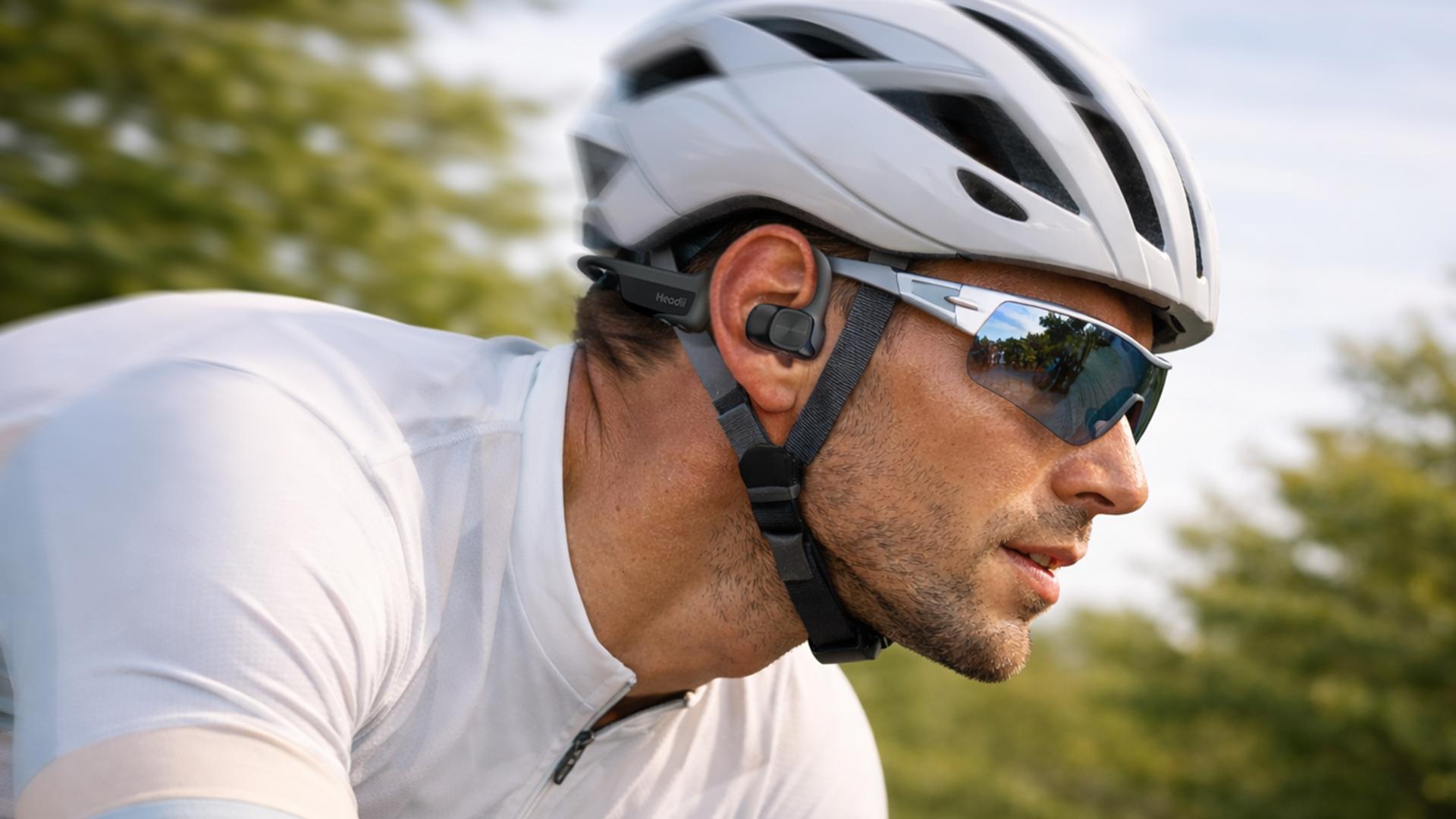 Cyclist wearing Headii open-ear headphones